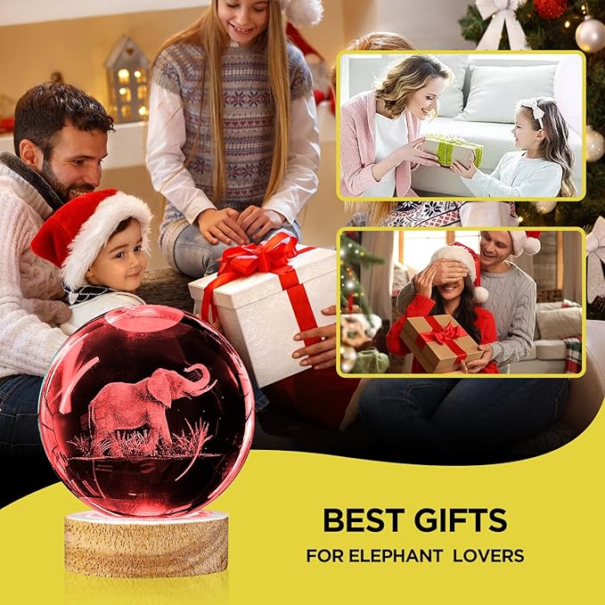 3D Elephant Crystal Ball Night Light 3.15 inch Glass Ball Lamp with 16 Color Changing Wooden Base and Remote Control Elephant Gifts for Kids Friends Birthday Christmas Room Decor