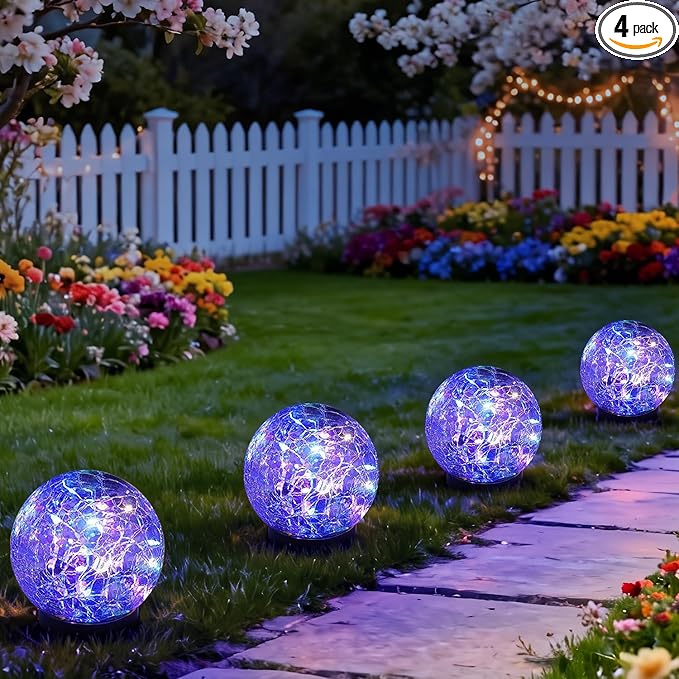 Solar Garden Lights Outdoor Waterproof, 4 Pack 30 LEDs Cracked Glass Ball Light, Ground Landscape Garden Decor, Solar Globe Decorative for Pathway/Patio/Lawn/Yard (Multicolor, 3.9")
