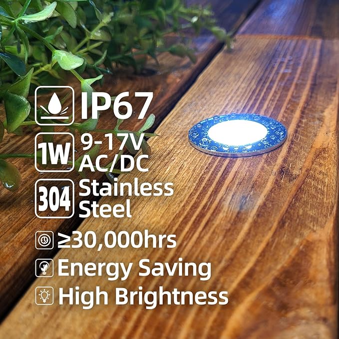 Low Voltage Deck Light 6-Pack, 1W 80 Lumens Landscape Lighting, φ35 mm Recessed LED Outdoor Step Stair Lights, Full 304 Stainless Steel Deck Lighting Wired for Outside Yard (SG07, 6-Pack 2700K)