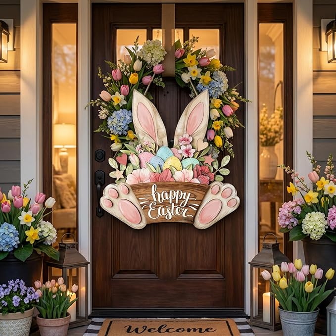 Happy Easter Door Decorations Hanging Sign for Decor for Frontdoor 11.8 Easter Eggs Hanging Plaque Bunny Rabbit Sign Wall Hanger Floral Spring Decor for Front Door Porch Yard Wall Home Decorations
