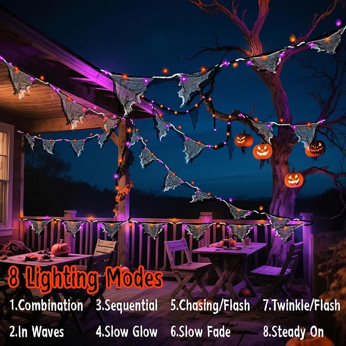 Halloween Lights Battery Operated or USB, Creepy Cloth String Lights with Timer Waterproof 9.8ft 30LED Orange and Purple String Lights Halloween Decortions for Fireplace Window Door Mirror