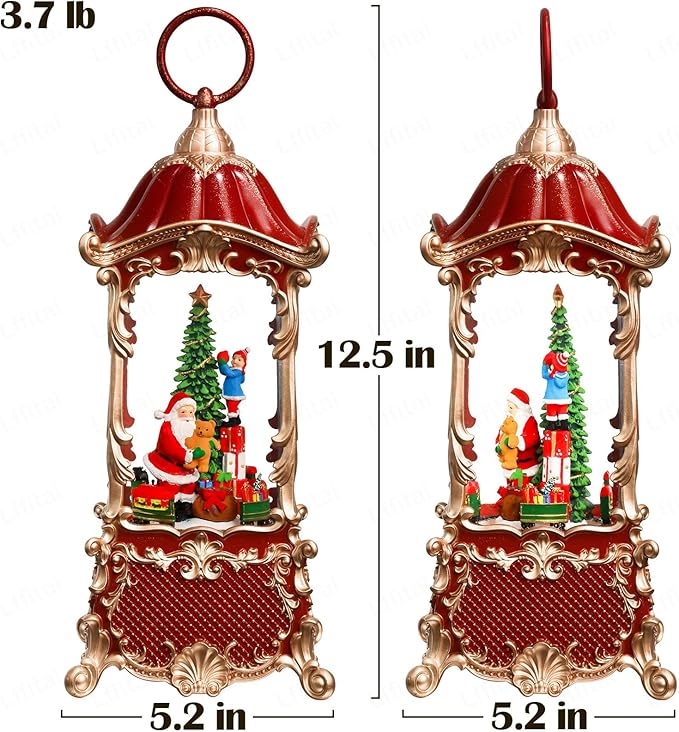 Christmas Snow Globes Santa Claus Snow Globe Lantern, Lighted Christmas Decorations Indoor for Home with Music Timer Glitter, Rotating Train Festival Gifts, USB & Battery Operated 12.5 inch