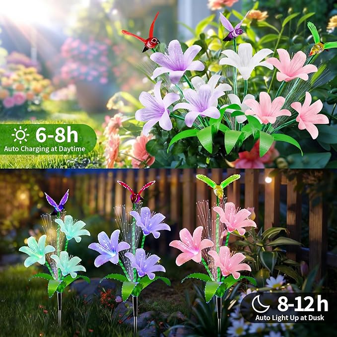 Solar Lights Outdoor Decorative, Upgraded 3 Pack Flowers with 7 Color Changing Lilies and 3 Hummingbird, Brighter Waterproof Garden Decor for Yard Lawn Pathway, Mom Women Grandma