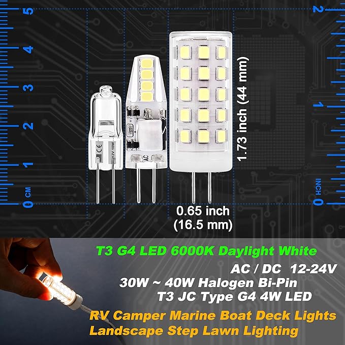 G4 Bi-Pin LED Bulbs 30W-40W Halogen Equivalent 6000K Daylight White 12V 24V T3 JC Type 4W 400lm G4 LED Bulb for RV Camper Marine Boat Deck Lights Landscape Step Lawn Lighting Chandelier, 8 Pack
