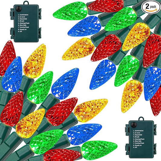 2 Pack 100LED C6 Christmas Lights Battery Operated, 16.4FT C6 Christmas Lights Battery Powered with Timer, 8 Modes, Waterproof for Outdoor Garden Patio Indoor Xmas Tree Bedroom Party, Multi-Color