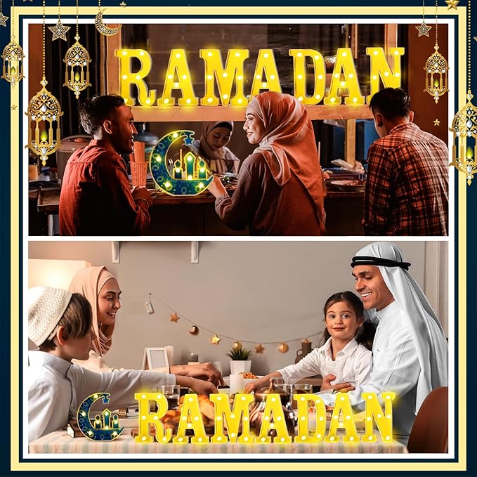 8 Pcs Ramadan Decorations Ramadan LED Letter Lights Sign Battery Powered Light up with Mirror Surface Table Decor Hanging Decorations for Party Club Restaurant Indoor Outdoor Wall Decor