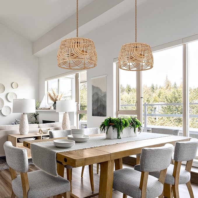 Woven Rattan Bamboo Brass Pendant Lights，Wicker Light Fixture Hanging Lamp for Entryway Bedroom Hallway Kitchen Island Corridor Foyer Passway 2-Light