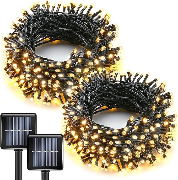 Solar String Lights Outdoor Waterproof Ultra Bright Fairy Light 2pack 100L 8 Modes Garden Light Christmas Tree Decorations Outdoor Lights for Christmas,Thanksgiving Yard Party Wedding (Warm White）