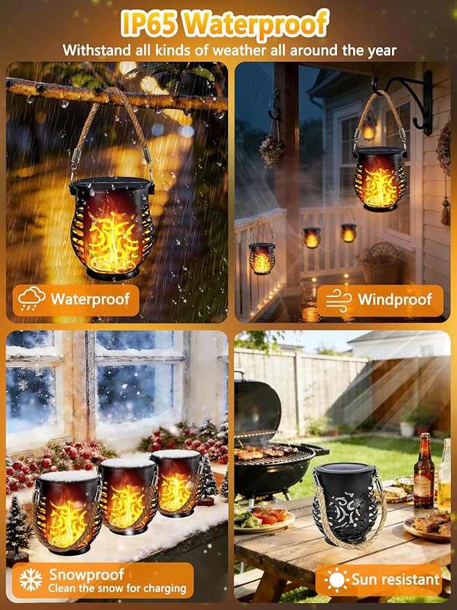 1 Pack Solar Lights Outdoor Waterproof, Solar Lantern with Realistic Flickering Flame, Auto On/Off Solar Powered Garden Light with Hemp Rope Handle for Outside Tree Patio Porch Tabletop Decorations