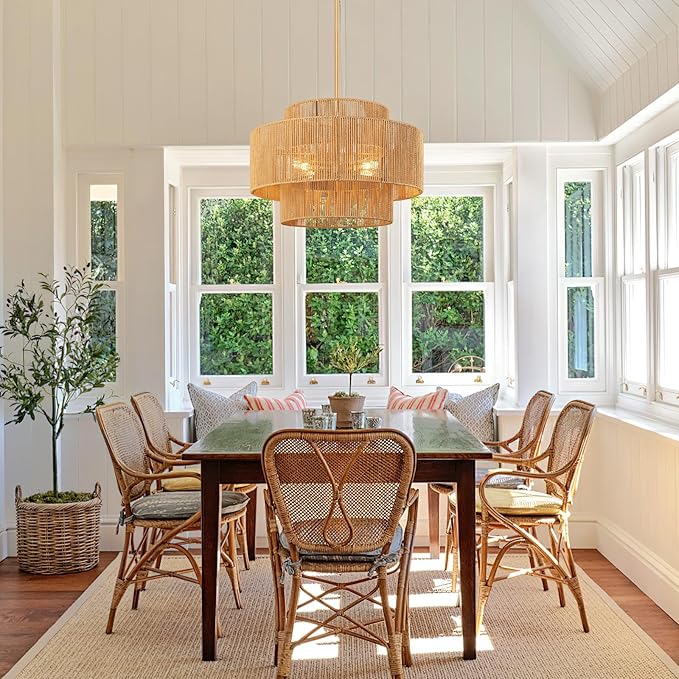 24'' Boho Rattan Chandelier, 4-Light Hand-Woven Wicker Pendant Lamp, Rustic Modern Ceiling Light Fixture for Dining Room, Kitchen Island, Living Room, Bedroom, Foyer, Entryway, Over Table