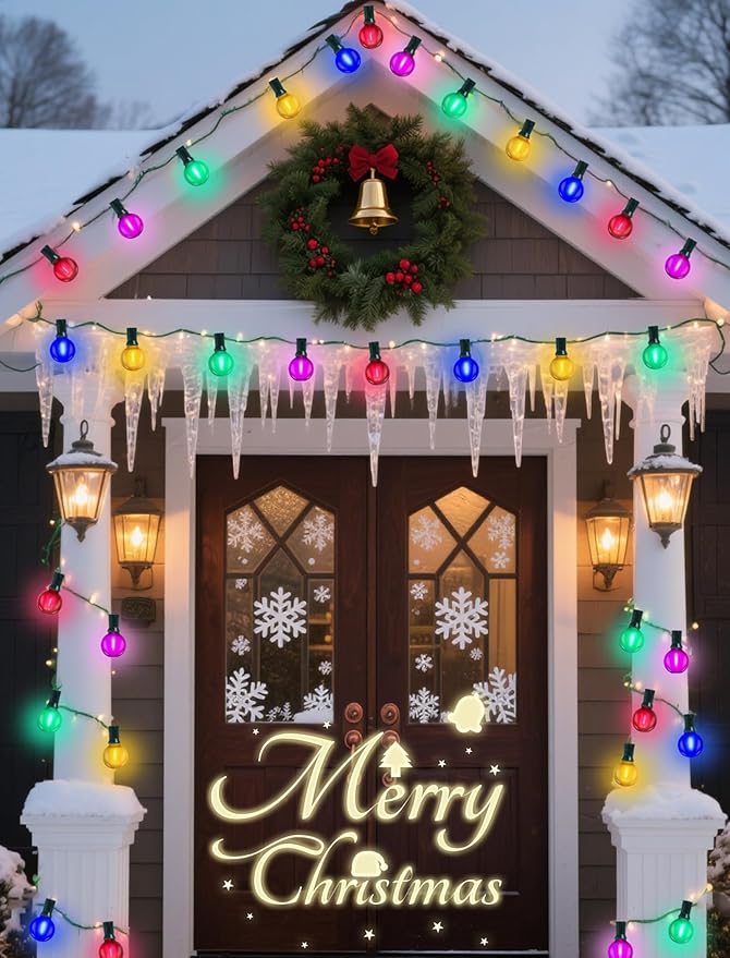 50Ft Outdoor Multicolor Christmas Lights, G40 Frosted Globe Patio String Lights with 27 Ceramic Colorful Bulbs(2 Spare), Connectable Vintage Christmas Bistro Lights for Holiday Party Backyard Christma