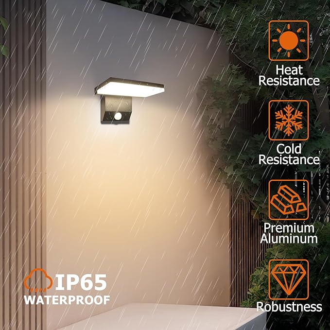Motion Sensor Outdoor Light, 18W 1980LM Black Motion Outdoor Wall Lights, IP65 Waterproof Sconce Lighting, LED Porch Lights 3000K Foldable Patio Wall Light Fixture for House Garage Square
