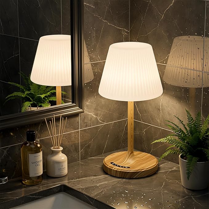 Cordless Table Lamp, Waterproof Shower Lamp, 4000mAh Rechargeable Table Lamps, 3-Color Dimmable Touch Light, Battery Operated Lamp Small Night Desk Lamp for Bathroom Kitchen Bedroom Patio (Wood Grain)