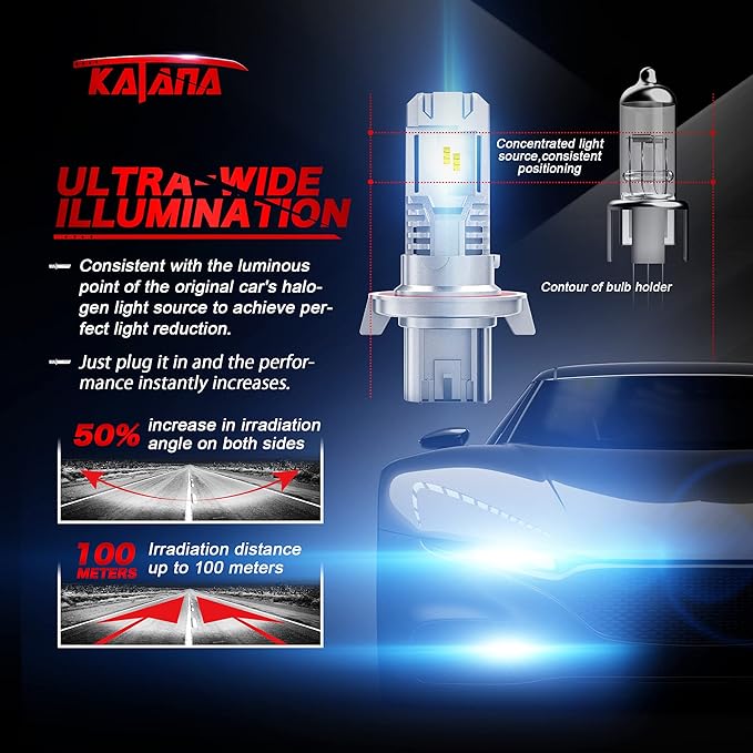 Katana H13 Light Bulbs | 9008 Light Bulbs Fanless Wireless Super Bright 6500K Xenon White Fog Light, Pack of 2