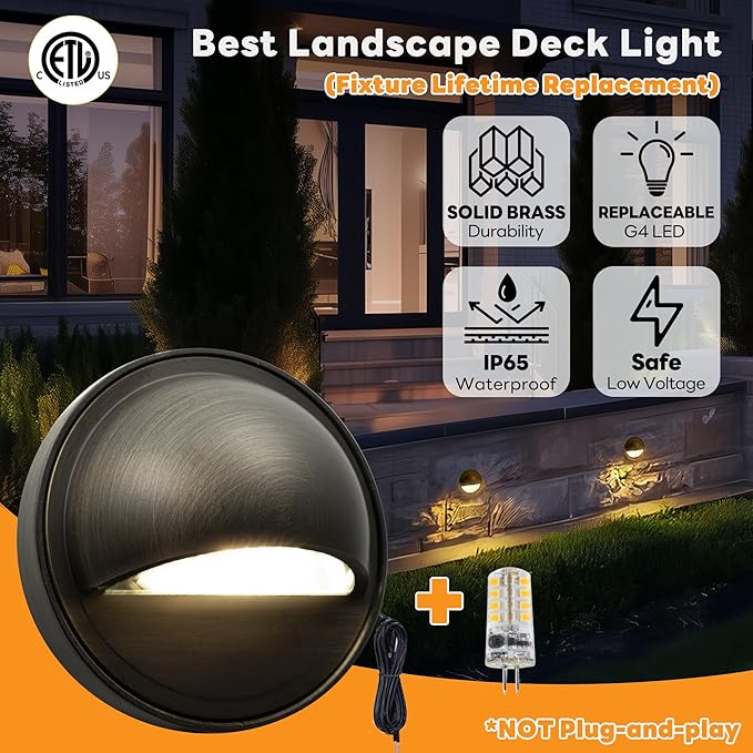 Gardenreet LED Step Lights - 12V Brass Low Voltage Deck Light Outdoor, Landscape Hardwired Waterproof, Antique Bronze Lighting for Wall Garden Yard Stair with 3W Cool White G4 Bulb 12 Pack