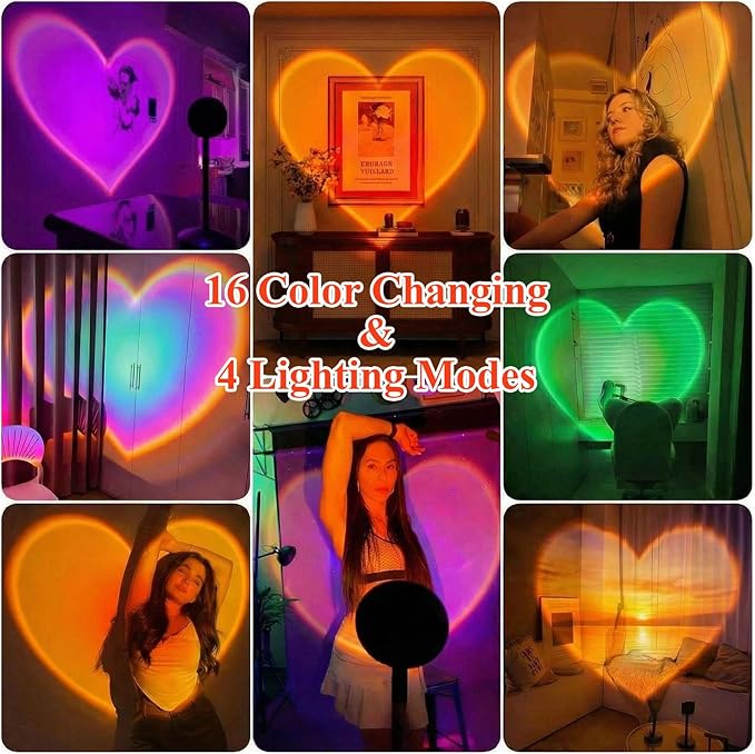 Sunset Projector Lights, 16 Color Changing Heart Projection Lamp with Remote, Valentine's Day Novelty Indoor Lamps, USB Powered Romantic Night Light for Valentine's Holiday Party (Colorful Heart)