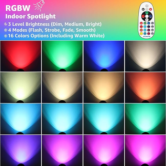 SUNVIE RGBW Christmas Spot Lights Indoor 6W Uplighting Indoor with Remote Color Changing Up Lights Indoor 120V Spotlights Indoor LED Uplights Indoor Accent Lighting for Party Plant Decor, 2 Pack