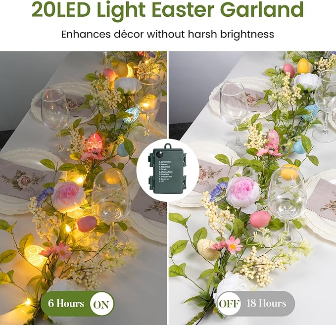 6FT Prelit Easter Garland with 20 LED Lights, Lighted Artificial Easter Egg Garland for Mantle, Battery Operated with 8 Mode Timer – Peony & Berry Accents