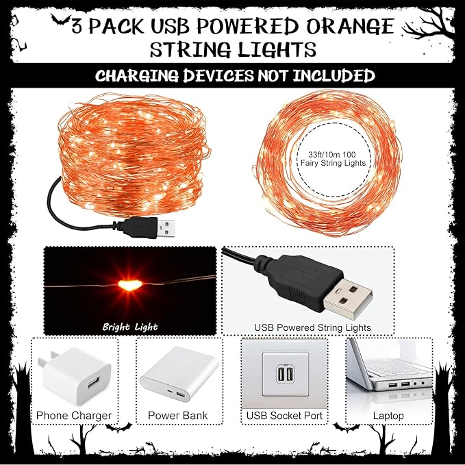Macarrie 6 PS Orange USB String Lights 33 ft 100 LED Fairy Lights Powered String for Halloween Indoor Outdoor Wedding Party Festival Home Garden Decoration Orange