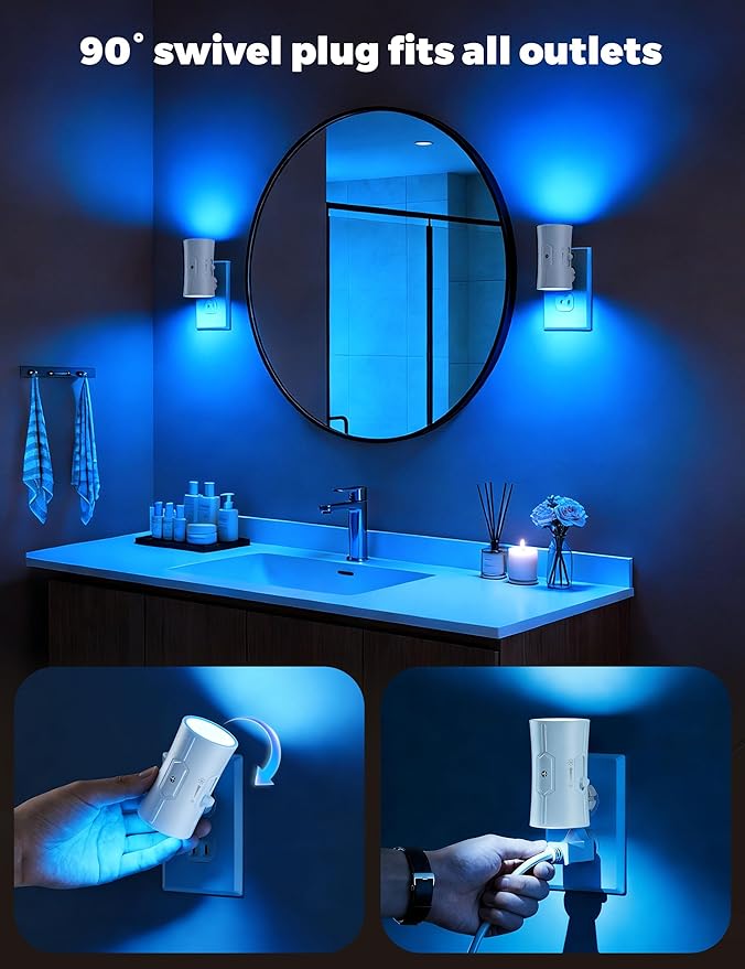 Night Light, LED Night Lights Plug into Wall 2 Pack Blue 0-100LM Adjustable Brightness Light Sensor Plug in Night Light for Hallway, Bathroom, Adult
