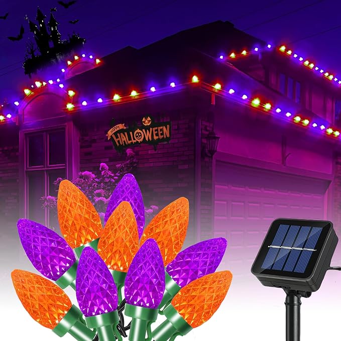 ITICdecor Christmas Decorative Solar Lights Outdoor Waterproof Orange Purple String Lights 31 Ft 50 LED Strawberry Solar Garden Lights Yard Camper Christmas Halloween Carnival Decoration
