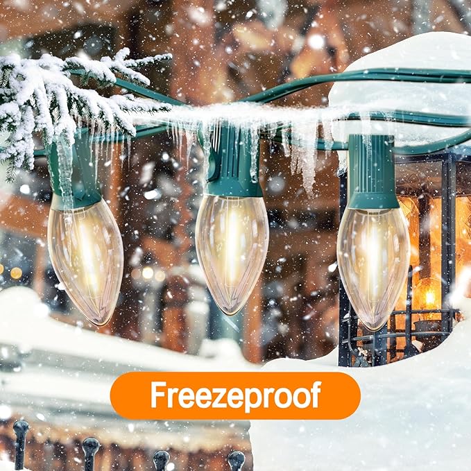 C9 LED Christmas Lights Outdoor, 25FT Green Wire, Warm White Vintage Patio Hanging Lights, Waterproof for Porch, Xmas Tree, Holiday Party Décor