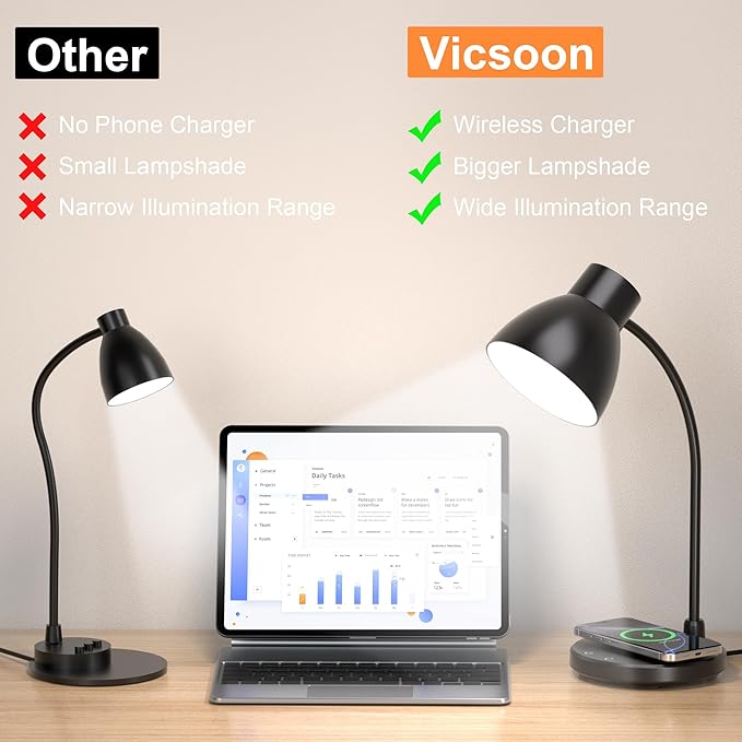 Desk Lamps for Home Office - LED Desk Lamp with Wireless Charger, 3 Color Modes Dimmable Eye-Caring Study Reading Desk Light, Small Flexible Arm Table Lamp for College Dorm Room Bedside, Black