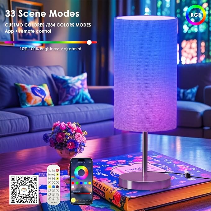 Smart Bedside Table Lamp for Bedroom, Modern Bedroom Lamps for Nightstand Decoration, 72 LED Colorful Bulb with APP Control & Music Sync & Timer, Desk Light for Home Office Living Room (Nickel Round)