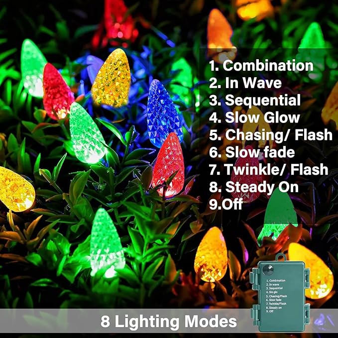 2 Pack 100LED C6 Christmas Lights Battery Operated, 16.4FT C6 Christmas Lights Battery Powered with Timer, 8 Modes, Waterproof for Outdoor Garden Patio Indoor Xmas Tree Bedroom Party, Multi-Color