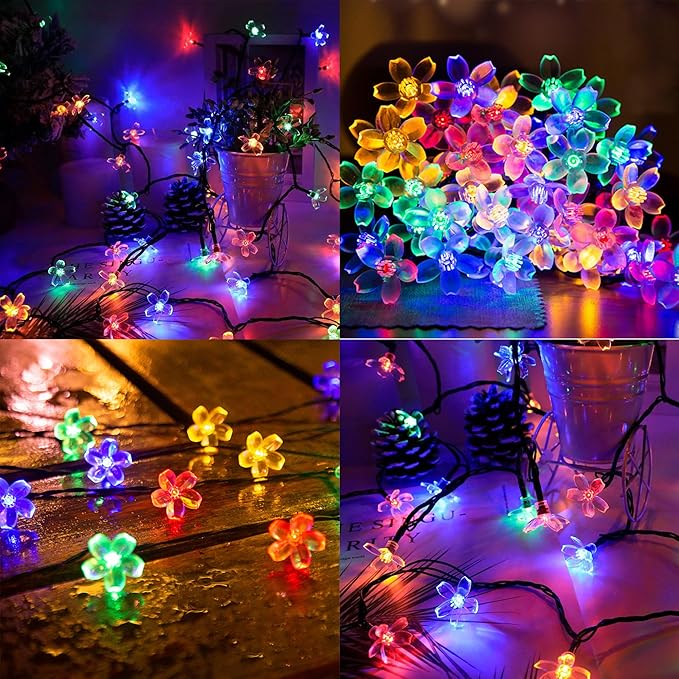 Solar String Lights for Outside，50 LED Solar Flower Lights Outdoor Waterproof ，Solar Powered Outdoor Decorative String Light for Yard, Lawn, Fence, Flower Garden, Christmas Tree Tree(Multi-Colored)