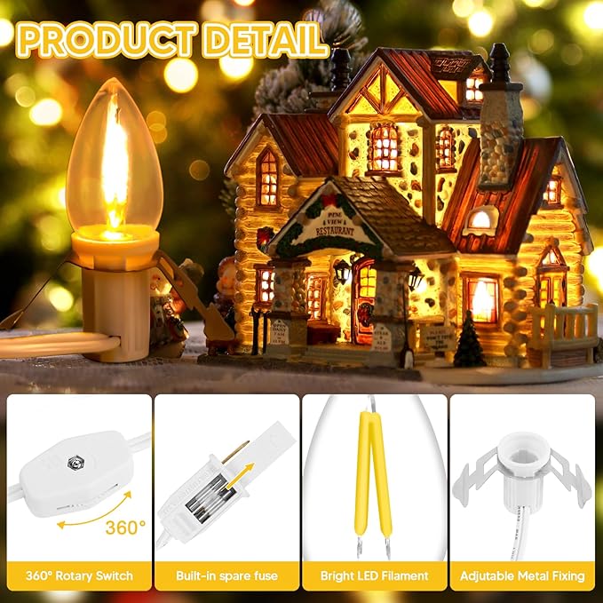 1Pack Accessory Cord with 6LED Bulbs and Outlet Christmas Village Light 11.6FT Blow Mold Light Cord with Spare Fuse Warm White C7 Lamp Christmas Village Accessories for Village Houses Craft Pumpkin