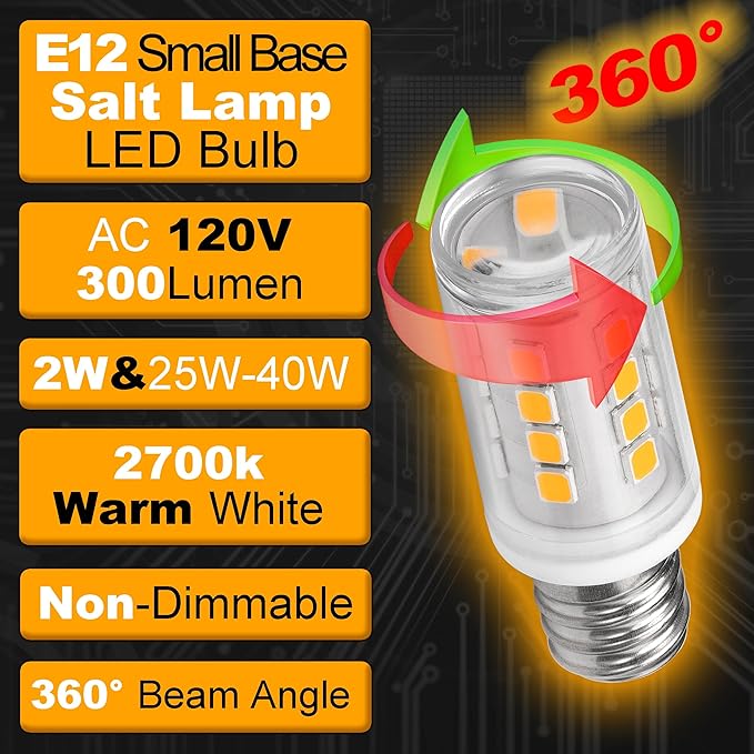 2W C7 E12 LED Salt Lamp Replacement Bulb 300lm Warm White 2700K 120V E12 Candelabra Base for 25W-40W Himalayan Salt Lamp Night Light Chandelier Christmas Lighting Dryer Refrigerators Bulb, 2 Pack