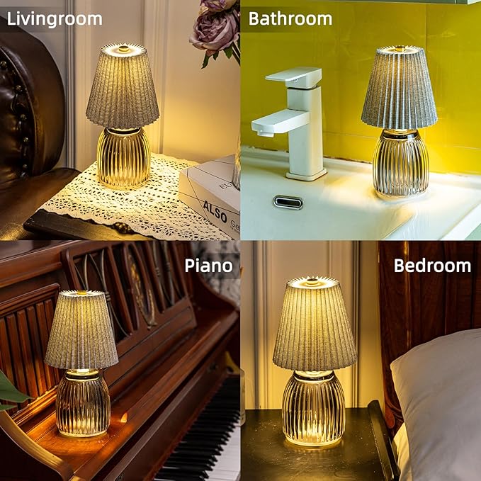 MJ PREMIER Small Battery Operated Lamp Cordless Lamp with Timer Pleated Lamps for Shelf Decor 8.7 inch High Battery Powered Lamps Emergency Light with Glass Base for Bathroom Livingroom Grey