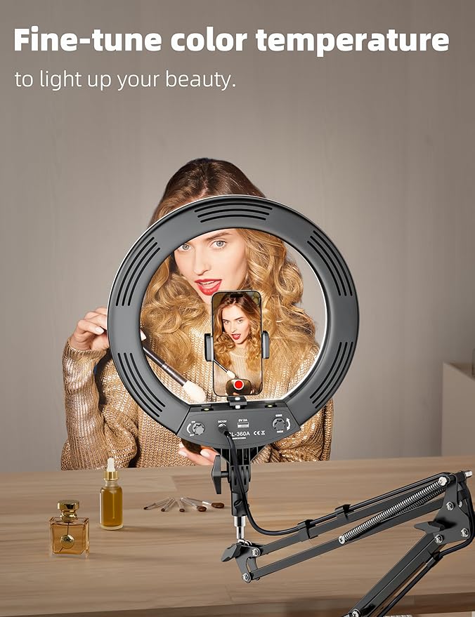 Ring Light Overhead Phone Mount,14'' LED Ring Light with Stand and Phone Holder,CRI Max 96 Professional for Video Recording,Live Streaming,Cooking and Content Creation(66.9High)