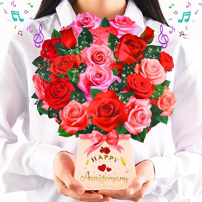 Pop Up Anniversary Card with Lights & Music, 12 Inch Paper Rose Bouquet Greeting Cards with Note Card & Envelop, Happy Anniversary Cards for Women, Popup Wedding Anniversary Card Gifts for Wife