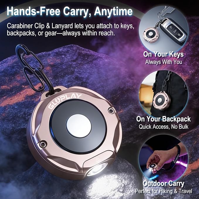 G1 Mini Keychain Flashlight Rechargeable,Small Powerful EDC Pocket Flashlight with White & RGB Side Light,Magnetic,Carabiner Clip,IP67 Waterproof Aluminum LED for Camping & Hiking(Rose Gold)