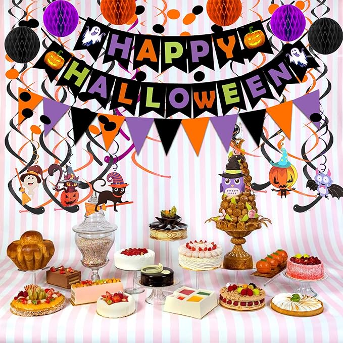 Happy Halloween Banner Paper Triangle Flag Bunting Circle Confetti Dots Hanging Garland Honeycomb Ball Swirl Streamers for Halloween Party Decorations