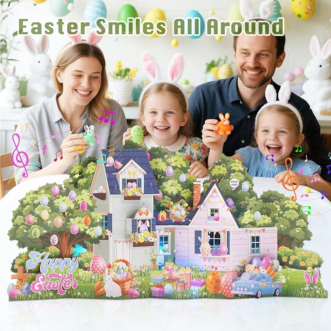 Pop Up Easter Cards, 3D Jumbo Easter House Greeting Card with Lights & Music, Giant Happy Easter Bunny Eggs Scene Card Keepsake Gift for Kids Family Friends Spring Holiday Celebration