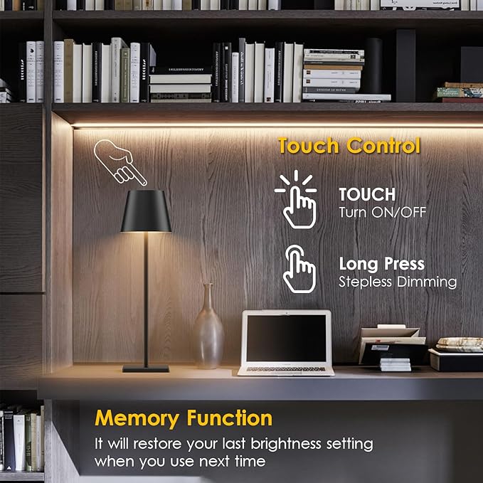 4-Pack LED Rechargeable Table Lamp, Battery Desk lamp 3W 5000mAh Battery Operated Stepless Dimming Modern Portable Table Light for Restaurant/Dinner/Bedroom/Outdoor IP54 Waterproof (Black)