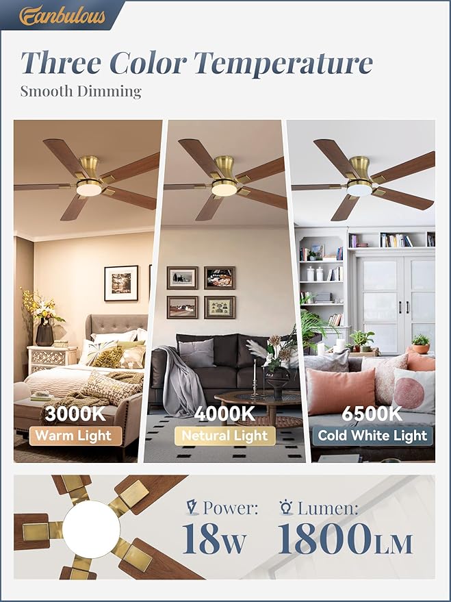 Fanbulous 52 inch ceiling fan with light, Low Profile Ceiling Fan with Light, App&Remote Control, Dimmable LED Light, Flush Mount Ceiling Fan for Indoor Bedroom Living Room, Qiuet DC Motor