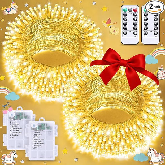 JMEXSUSS 2 Pack Battery Operated String Lights Outdoor Indoor, Total 66ft 200 LED Fairy String Lights with Remote, Warm White Battery Christmas Lights for Bedroom Room House Tree Porch Party Yard