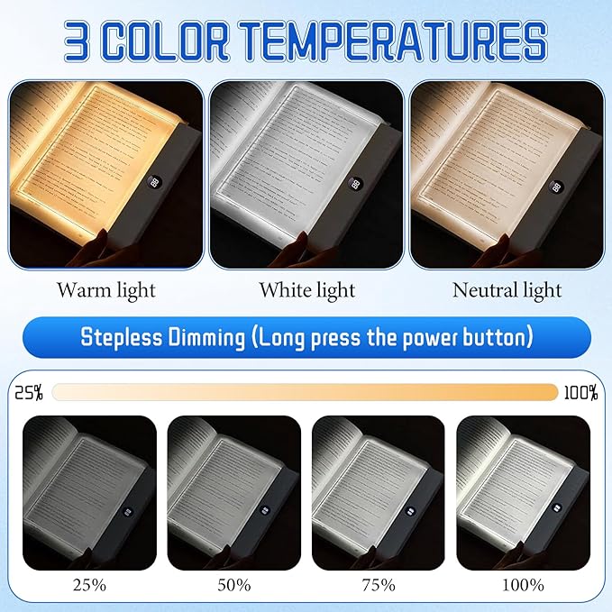 Flat Book Light, Rechargeable Clear LED Flat Reading Light with 3 Colors & Timer, Dimmable Panel Plate Book Lamp Full Page Light, Eye Protection, Book Lights for Reading at Night (Pink)