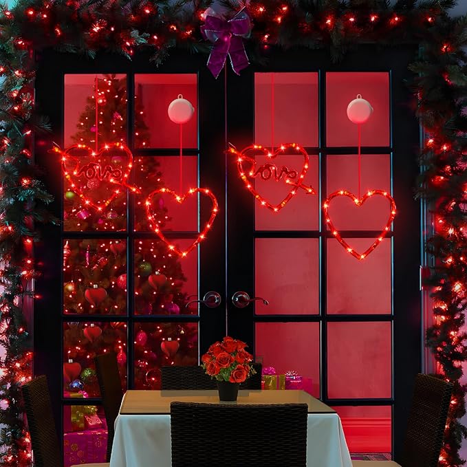 3 Pack Valentines Day Window Lights Decorations with Timer, Battery Powered Hanging Red Lighted Heart Shaped Silhouette Sucker LED Lamp for Fireplace Indoor Home Decor