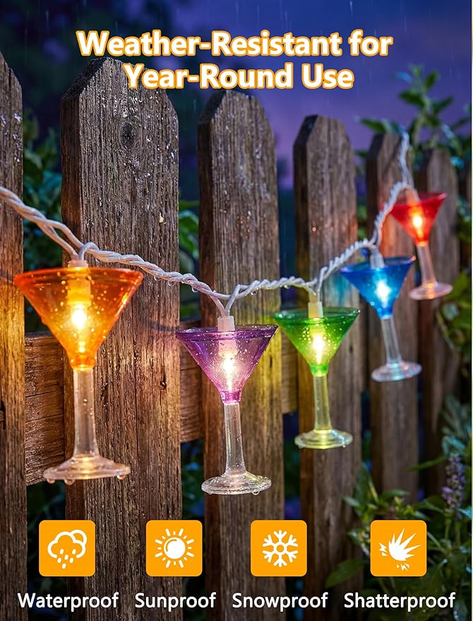 LED Cocktail Glass String Lights, 8.5Ft Tropical Beach Themed Margarita Drink String Lights Plug in with 10 Multicolor Cup, Summer Hawaiian Lights for Camping Tent Holiday Party Garden Outdoor Decor