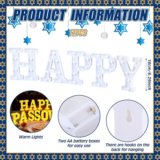 13 Pcs Happy Passover Large LED Letter Sign LED Lights Battery Powered Table Decoration for Party Gift Tabletop Decoration