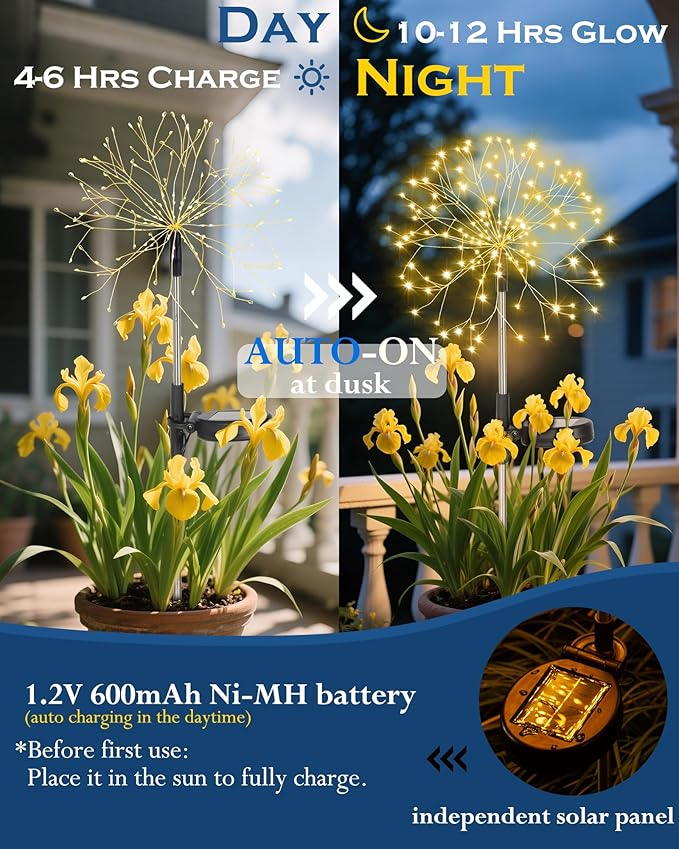 Solar Garden Lights Outdoor Yard Decorations, 8 Pack 150Leds Pathway Lights, Fairy Firework Stake Light for Garden, Patio, Pathway, Flowerbed Gold Color