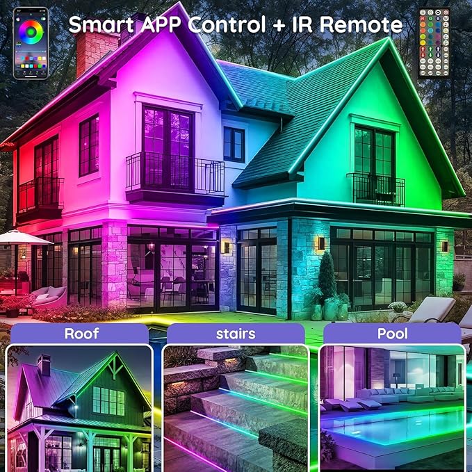 200ft Outdoor LED Strip Lights Waterproof,IP68 Outside Led Light Strips Waterproof with App and Remote,Music Sync RGB Exterior Led Rope Lights with Self Adhesive Back for Roof,Deck