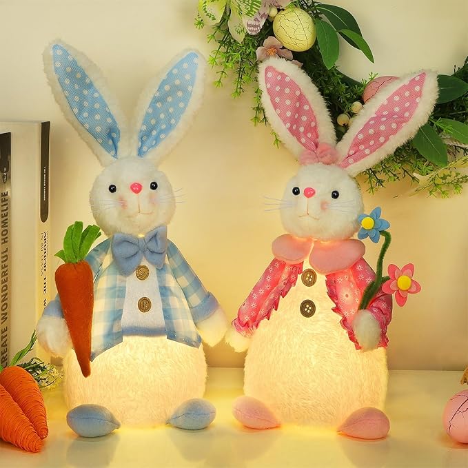 Juegoal 2 Pack Lighted Easter Bunny, 12.5" Handmade Huggable Rabbits Couple with Lights, Light Up Easter Basket Rabbits Easter Gift, Party Favor Figurine for Spring Tabletop Holiday Room, White