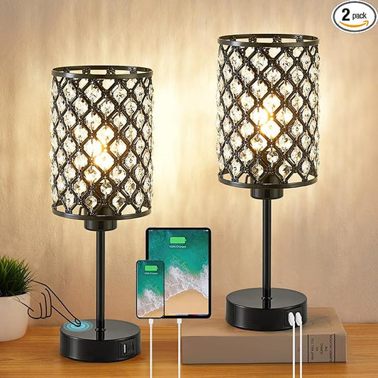 GyroVu Touch Control Table Lamp, Black Crystal Table Lamps Set of 2 with 2 USB Charging Ports, Dimmable Bedside Nightstand Lamps for Living Room, Bedroom, Guest Room, Bulbs Included