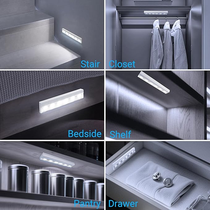 maylit 8 Pack Motion Sensor Light Indoor, Battery Operated Lights, Wireless Magnetic Night LED Bar, Stick on Lighting for Closet, Stair, Shelf, Hallway, Bed, Pantry, Under Cabinet, 6000K Cool White